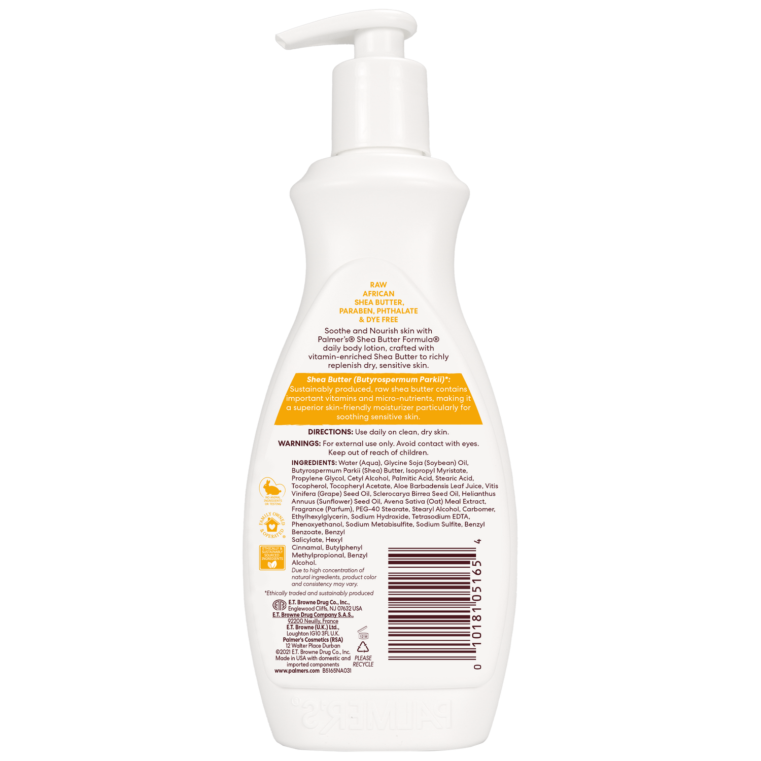 Back of Palmer's Raw Shea Nourish Body Lotion bottle with label details.
