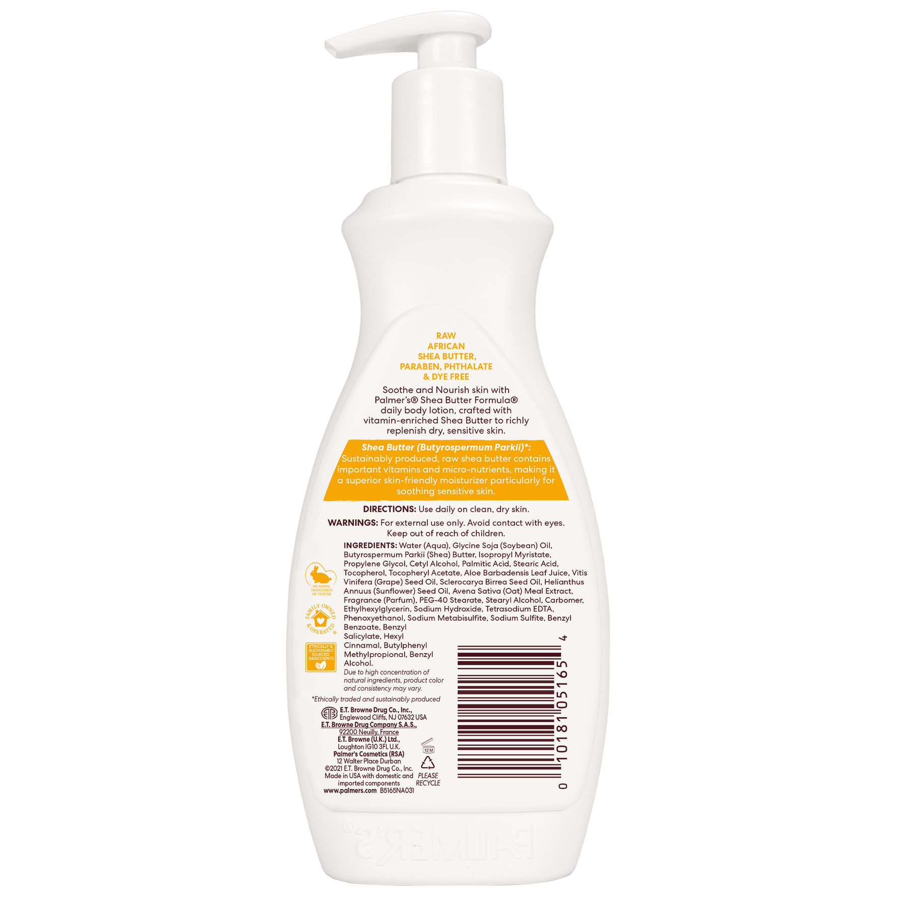 Back of Palmer's Raw Shea Nourish Body Lotion bottle with label details.