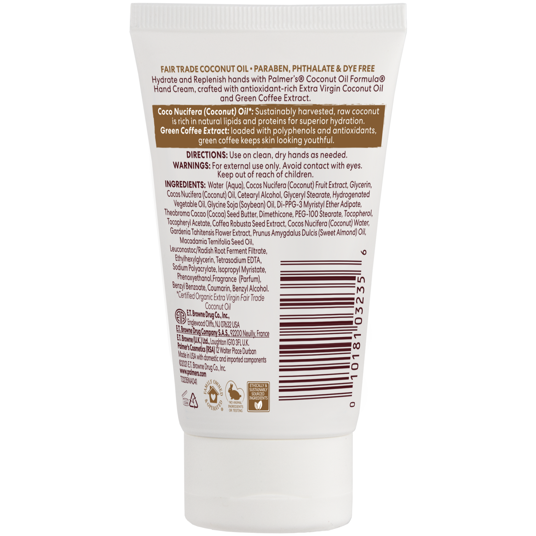 Back of Coconut Hydrate Hand Cream tube, highlighting paraben-free, fair-trade ingredients.