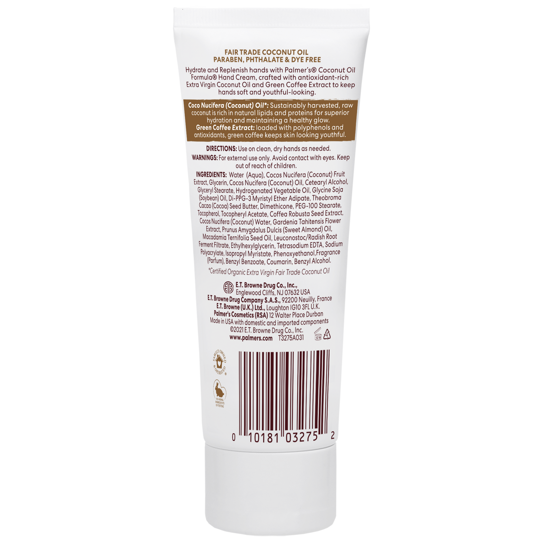 Palmer’s Coconut Hydrate Hand Cream tube with ingredient details.