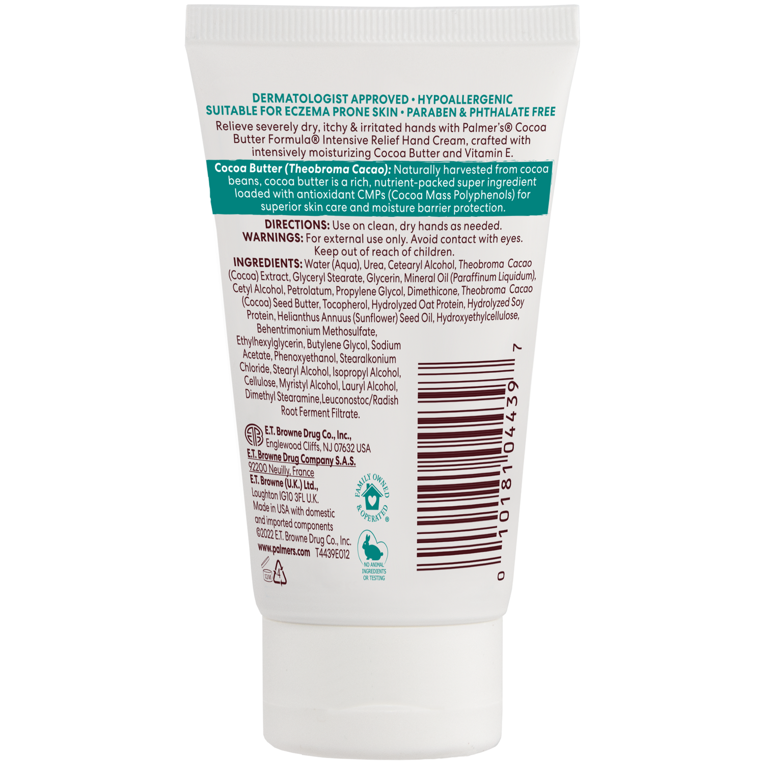 Back of Palmer’s Intensive Relief Hand Cream tube.