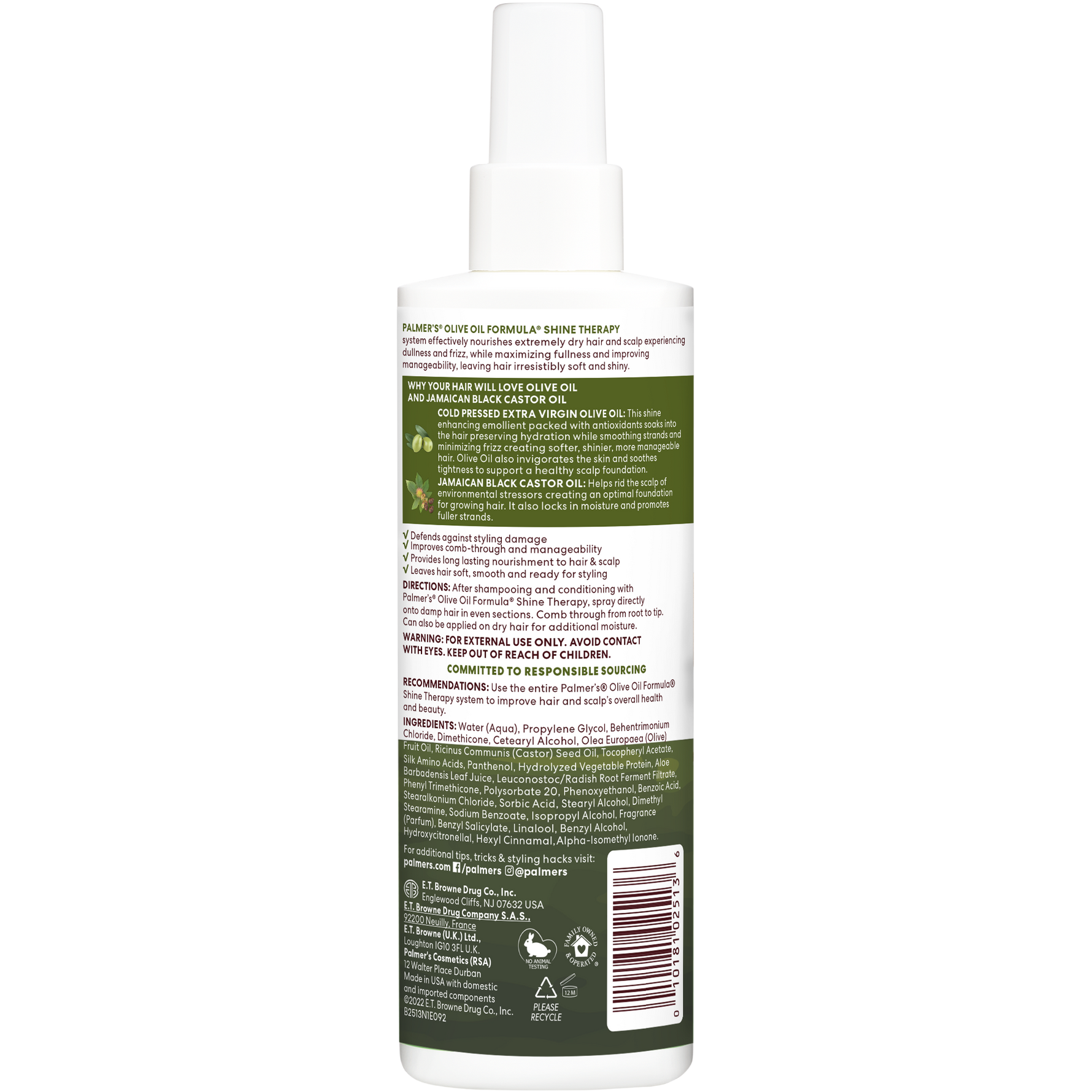 Palmer’s Olive Oil Leave-In Conditioner back label with ingredients.