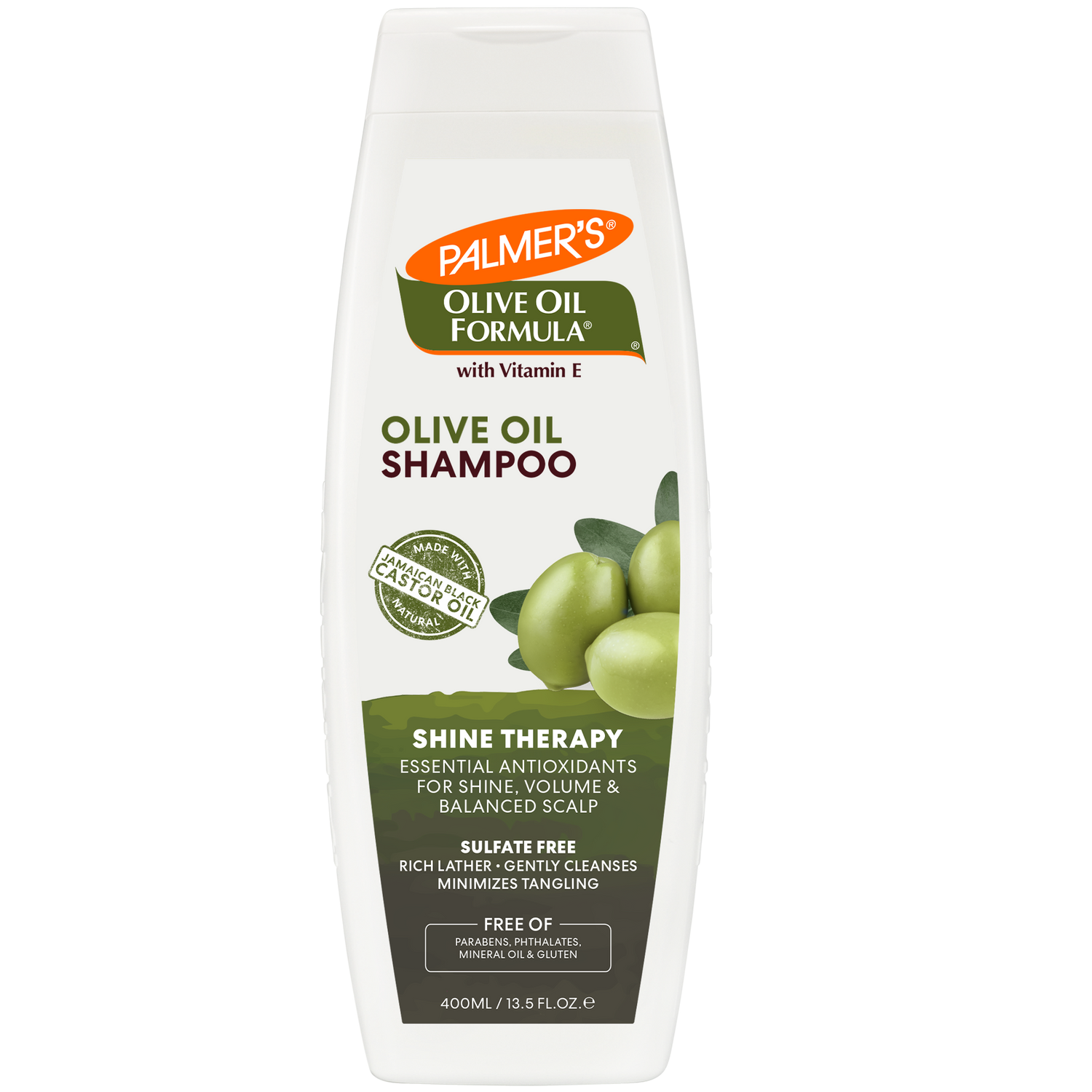 Palmer's Olive Oil Shampoo bottle, sulfate-free, for shine and volume.