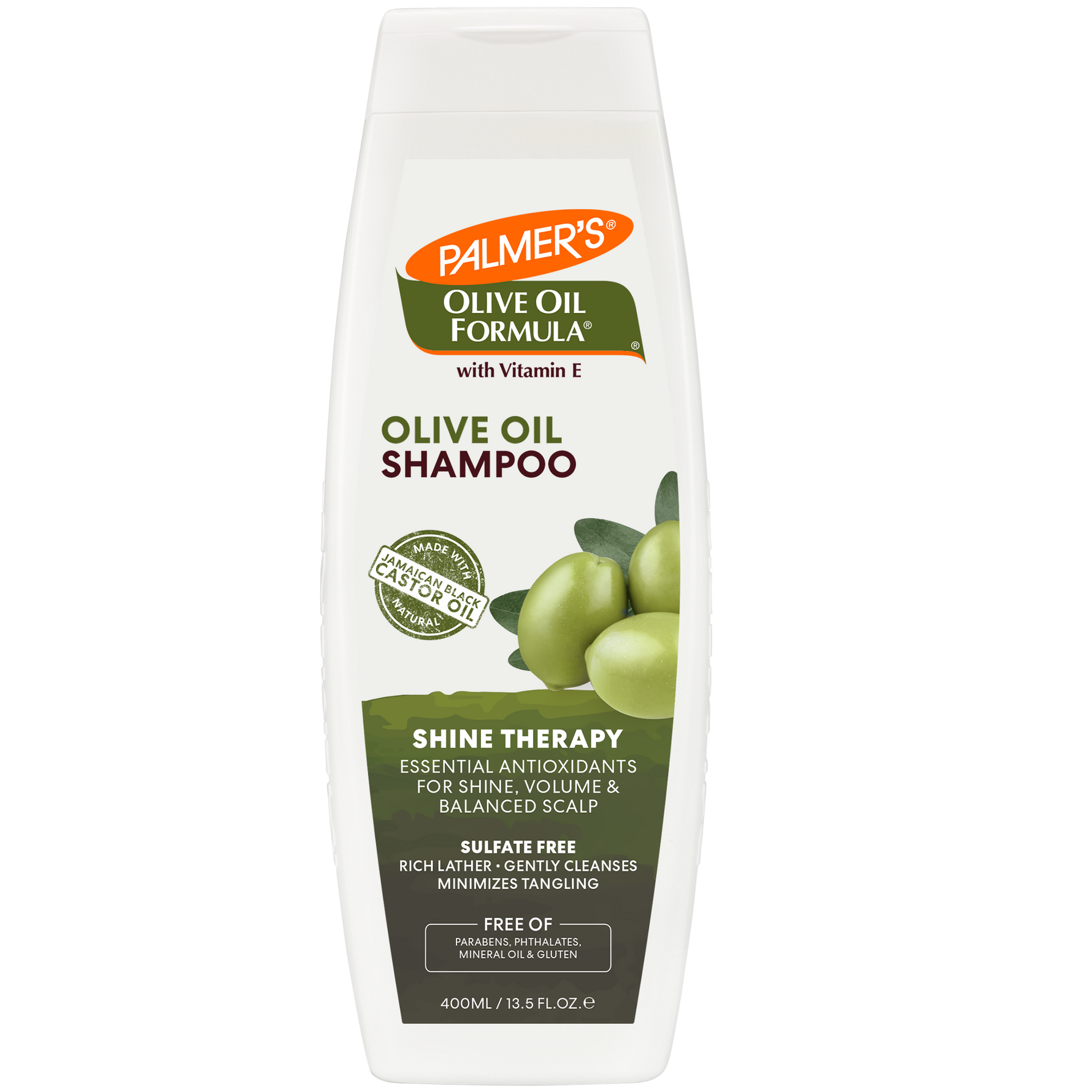 Palmer's Olive Oil Shampoo bottle, sulfate-free, for shine and volume.