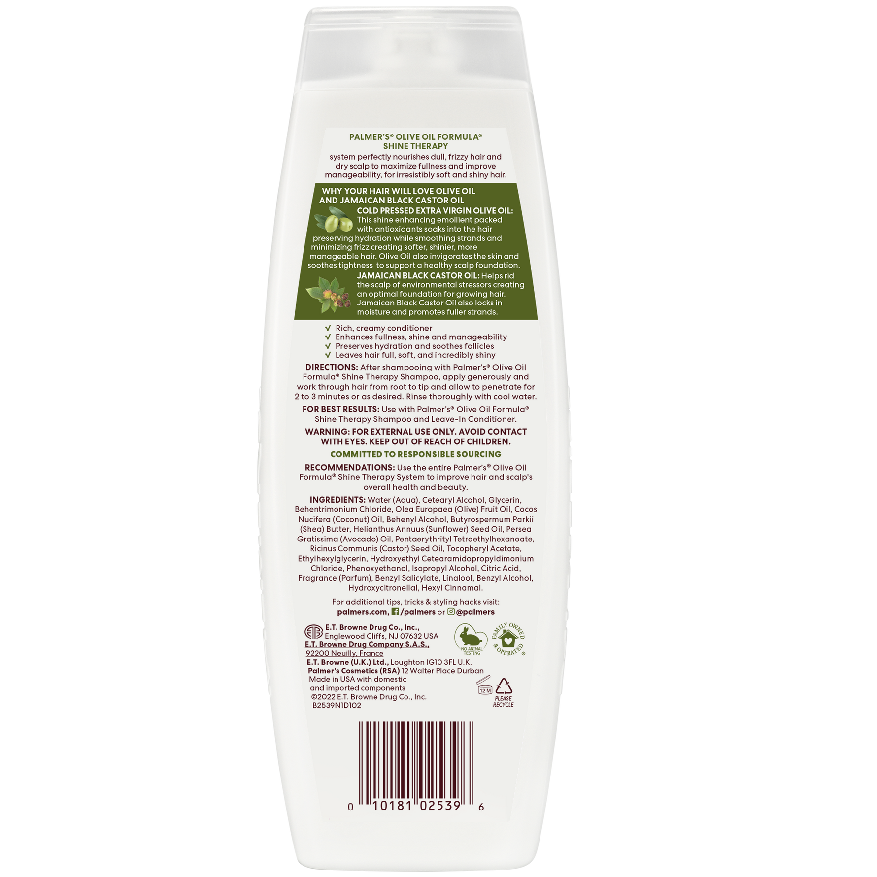 Palmer’s Olive Oil Conditioner back label detailing benefits and usage.