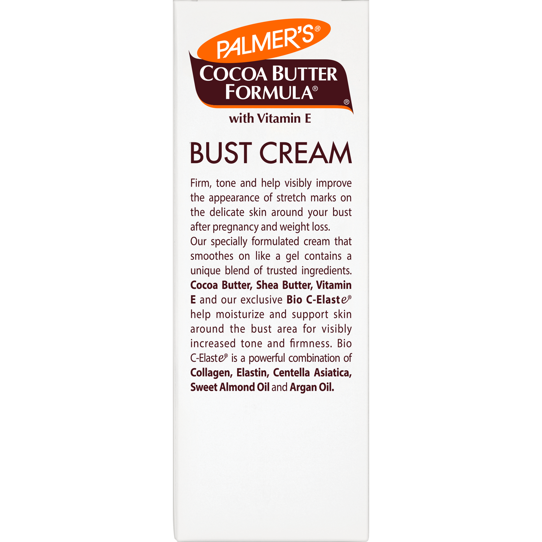 Palmer’s Cocoa Butter Bust Firming Cream packaging with key ingredients listed.