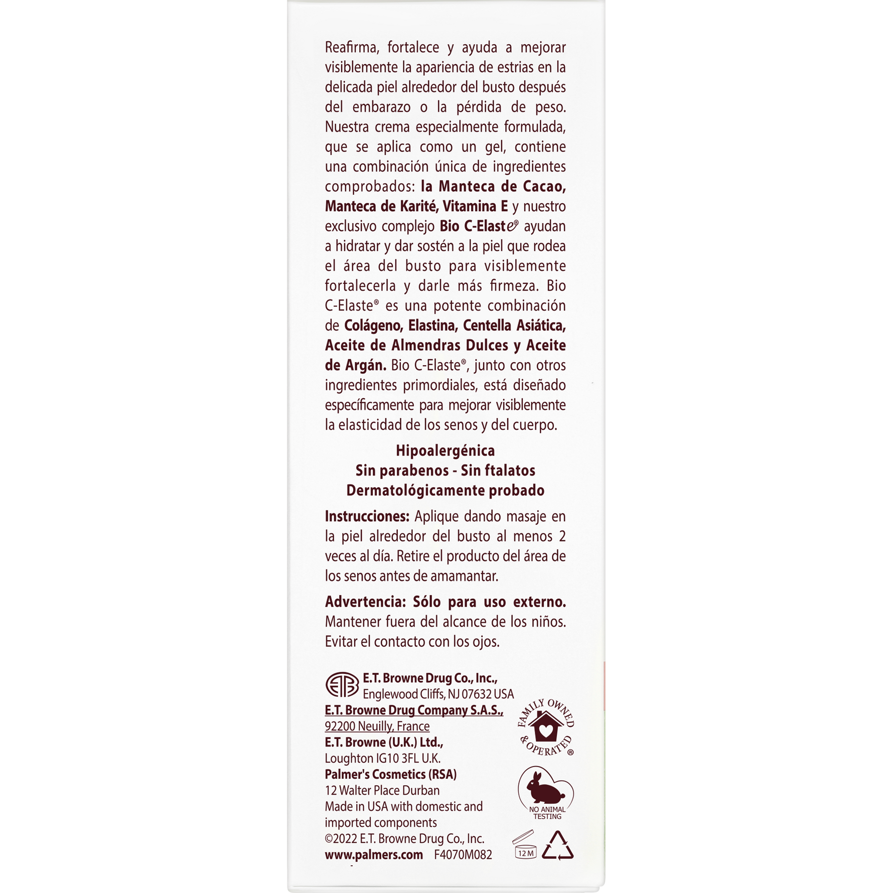 Cocoa Butter Bust Firming Cream packaging in Spanish detailing benefits and ingredients.