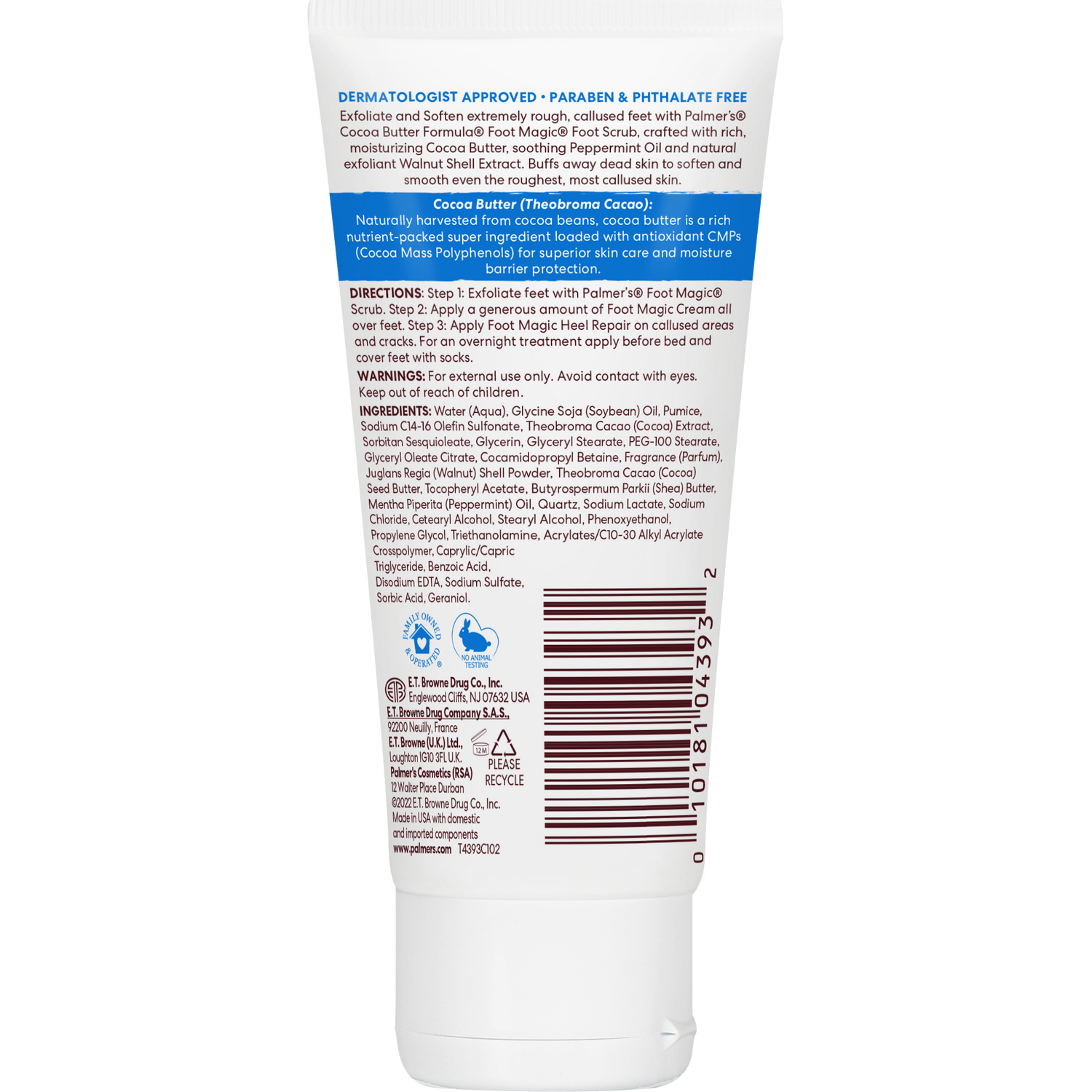 Back of Palmer’s Foot Magic Scrub tube with usage instructions.