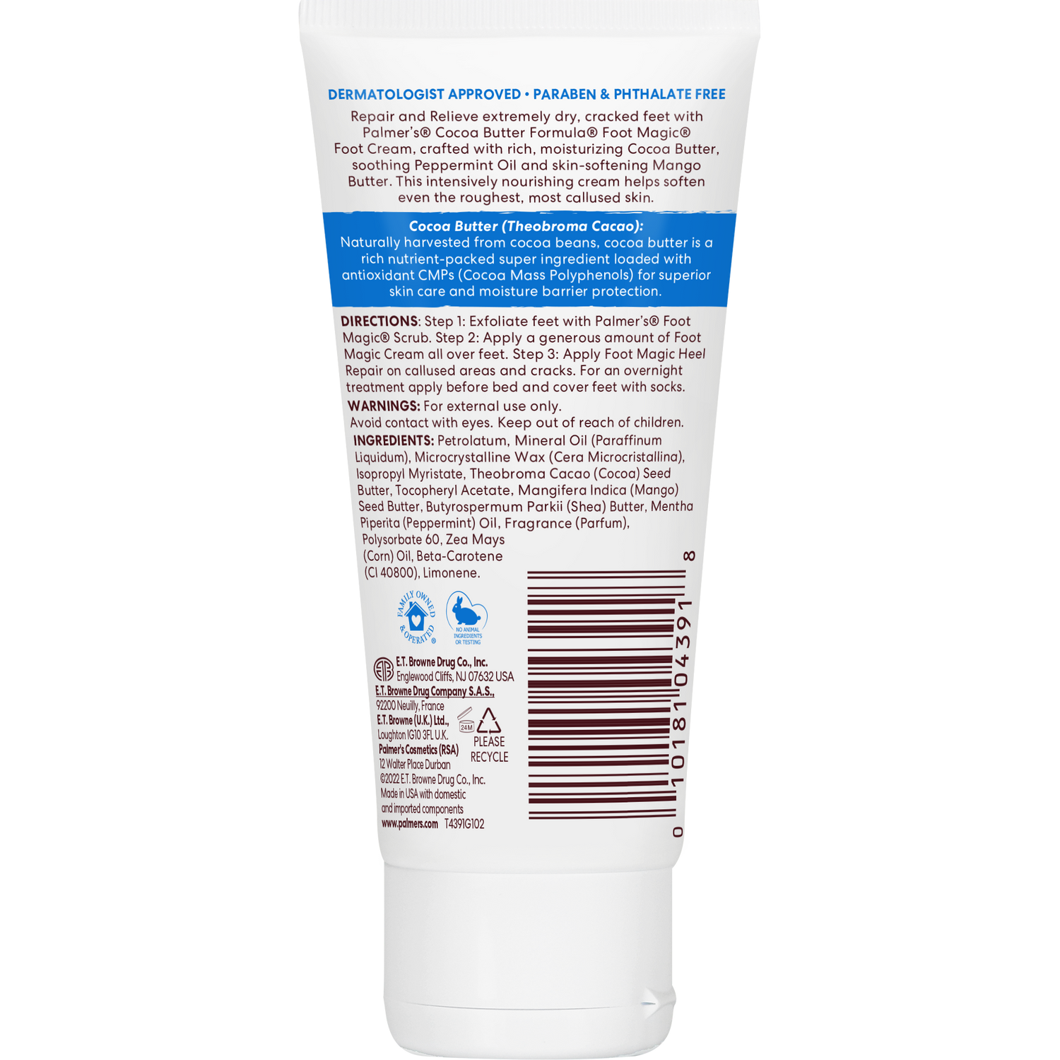 Back view of a tube of Palmer's Cocoa Butter Formula foot cream with text and branding.