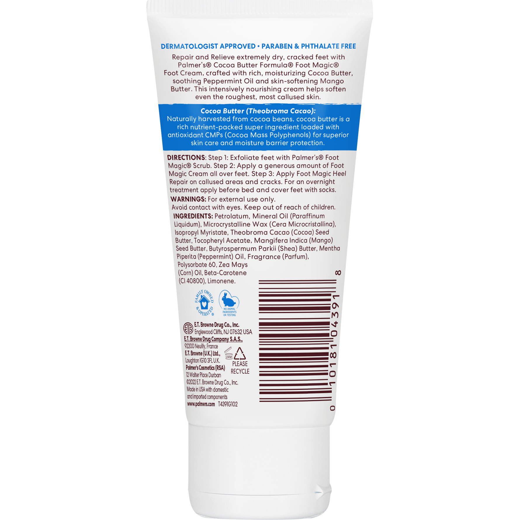 Back view of a tube of Palmer's Cocoa Butter Formula foot cream with text and branding.
