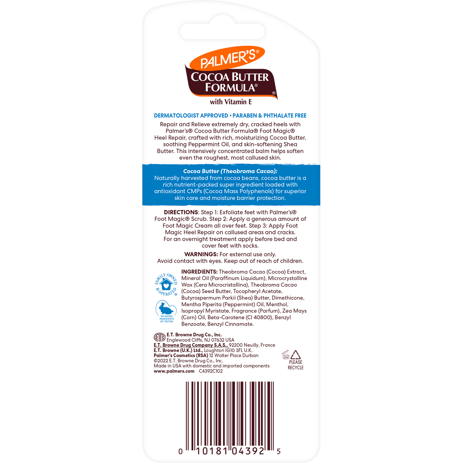 Back panel of Palmer’s Cocoa Butter Formula® Heel Repair blister-pack.