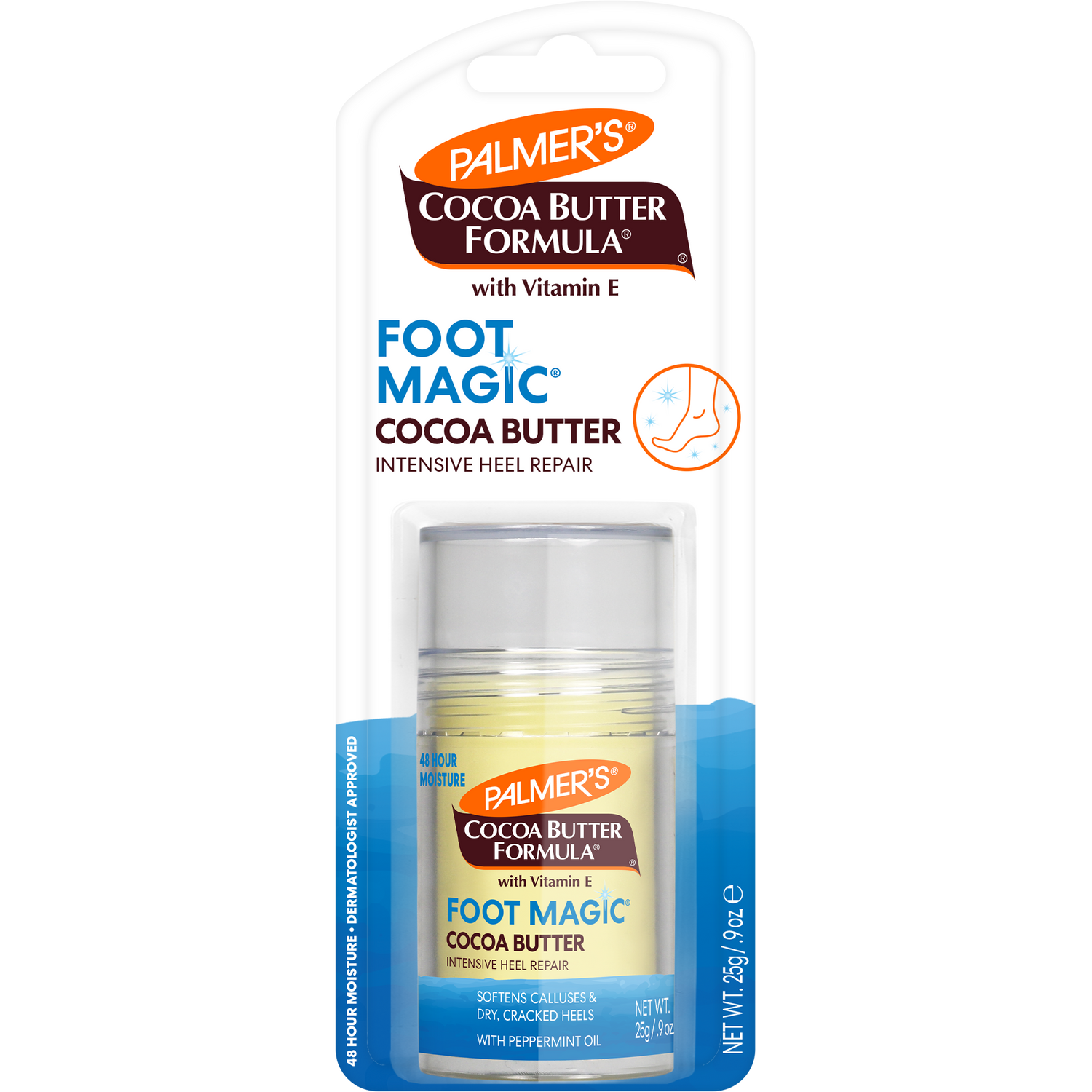 Heel Repair stick for softening dry, cracked heels with cocoa butter.