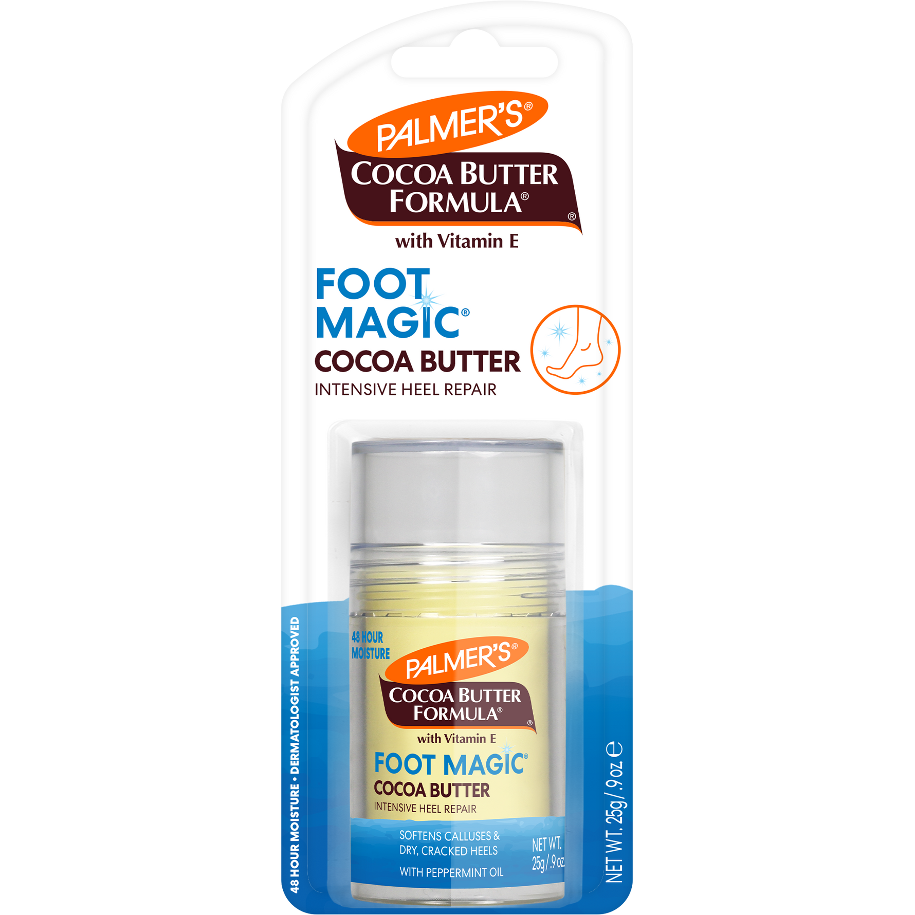 Heel Repair stick for softening dry, cracked heels with cocoa butter.