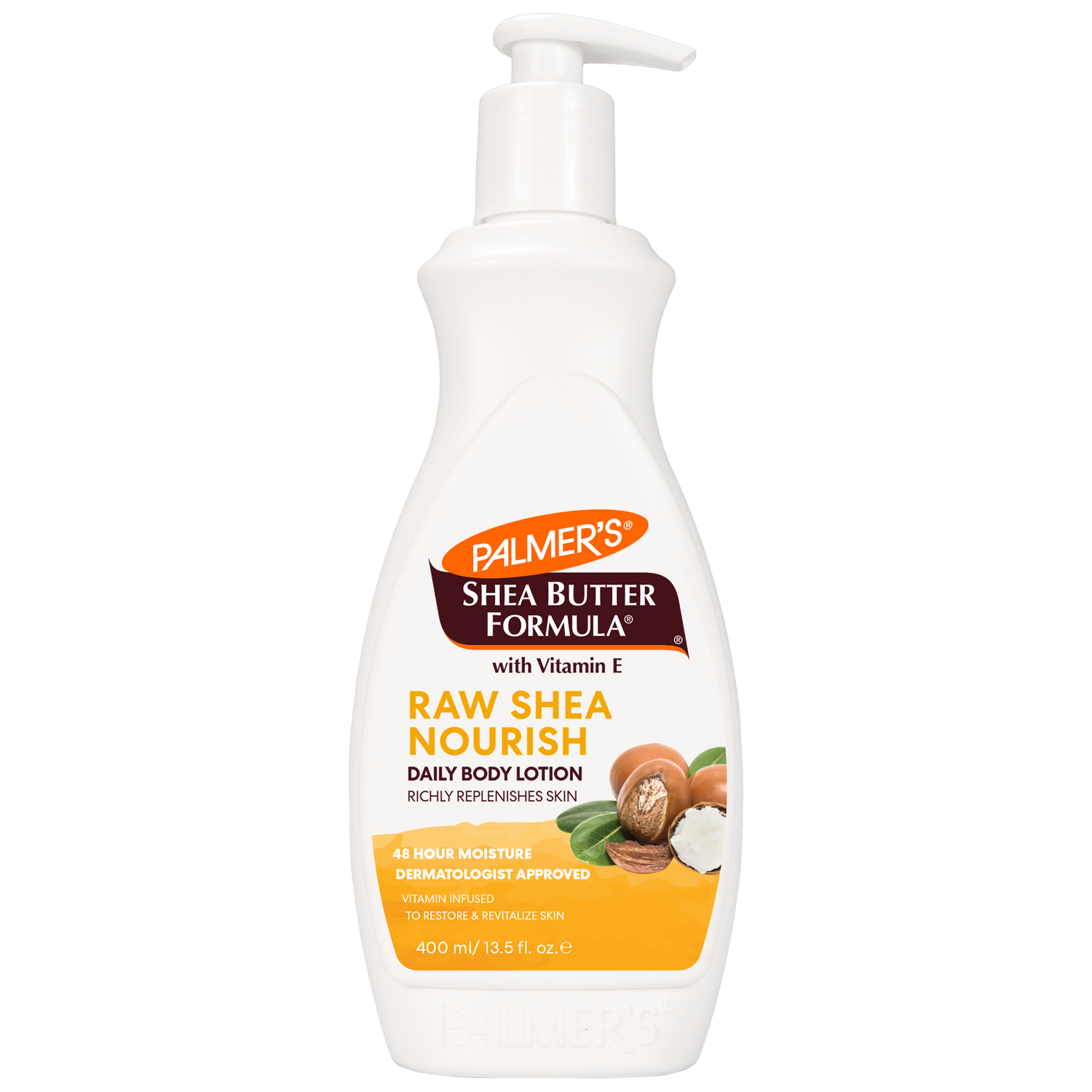 Raw Shea Nourish Body Lotion, 400 ml pump bottle, dermatologist-approved.