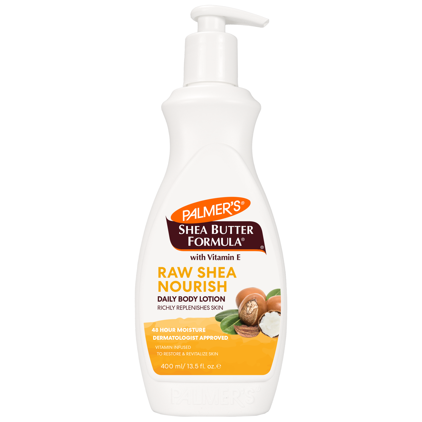 Raw Shea Nourish Body Lotion, 400 ml pump bottle, dermatologist-approved.