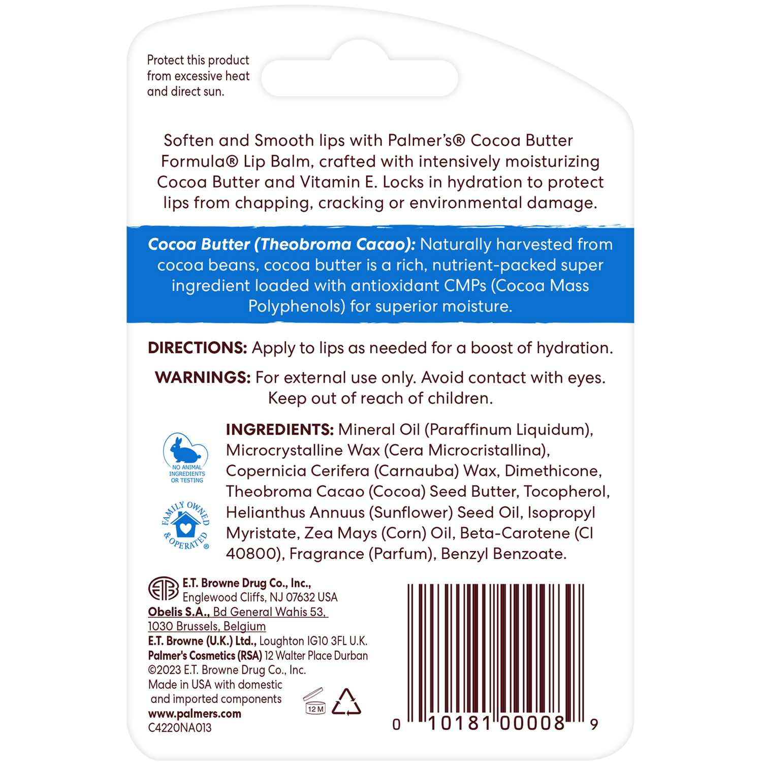 Original Ultra Moisturizing Lip Balm package back detailing ingredients and usage.