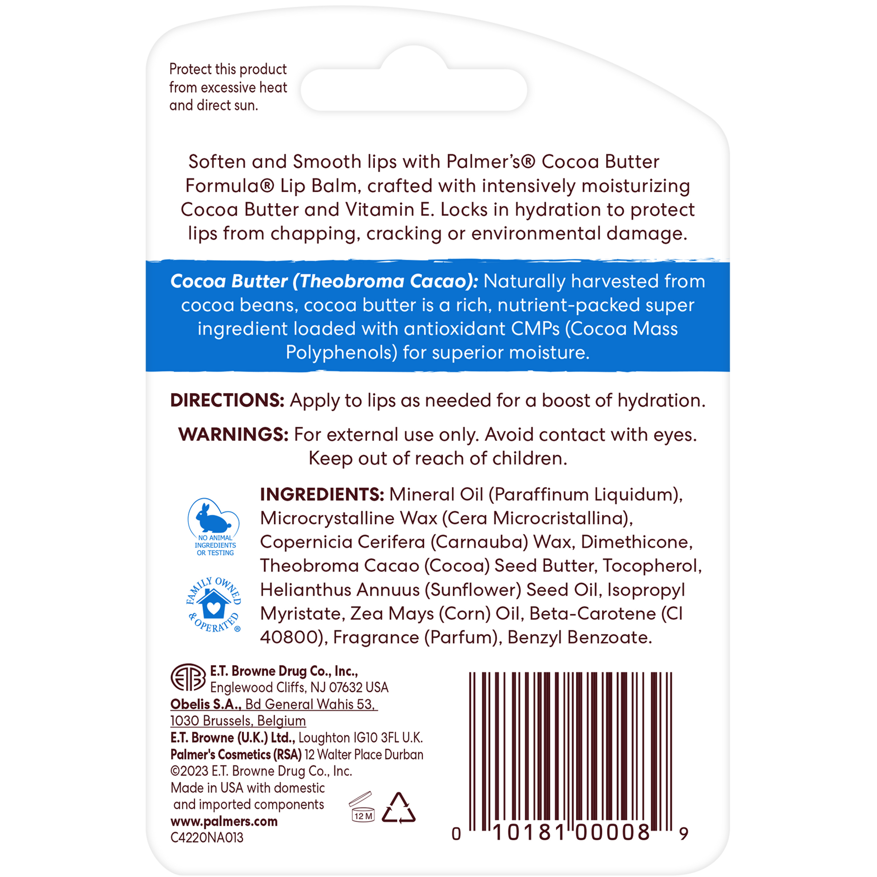 Original Ultra Moisturizing Lip Balm package back detailing ingredients and usage.