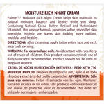 Moisture Rich Night Cream label detailing ingredients and usage instructions.