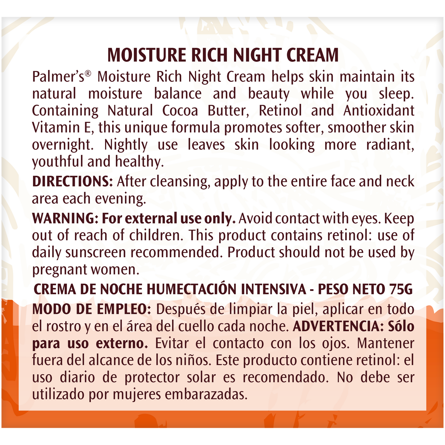 Moisture Rich Night Cream label detailing ingredients and usage instructions.