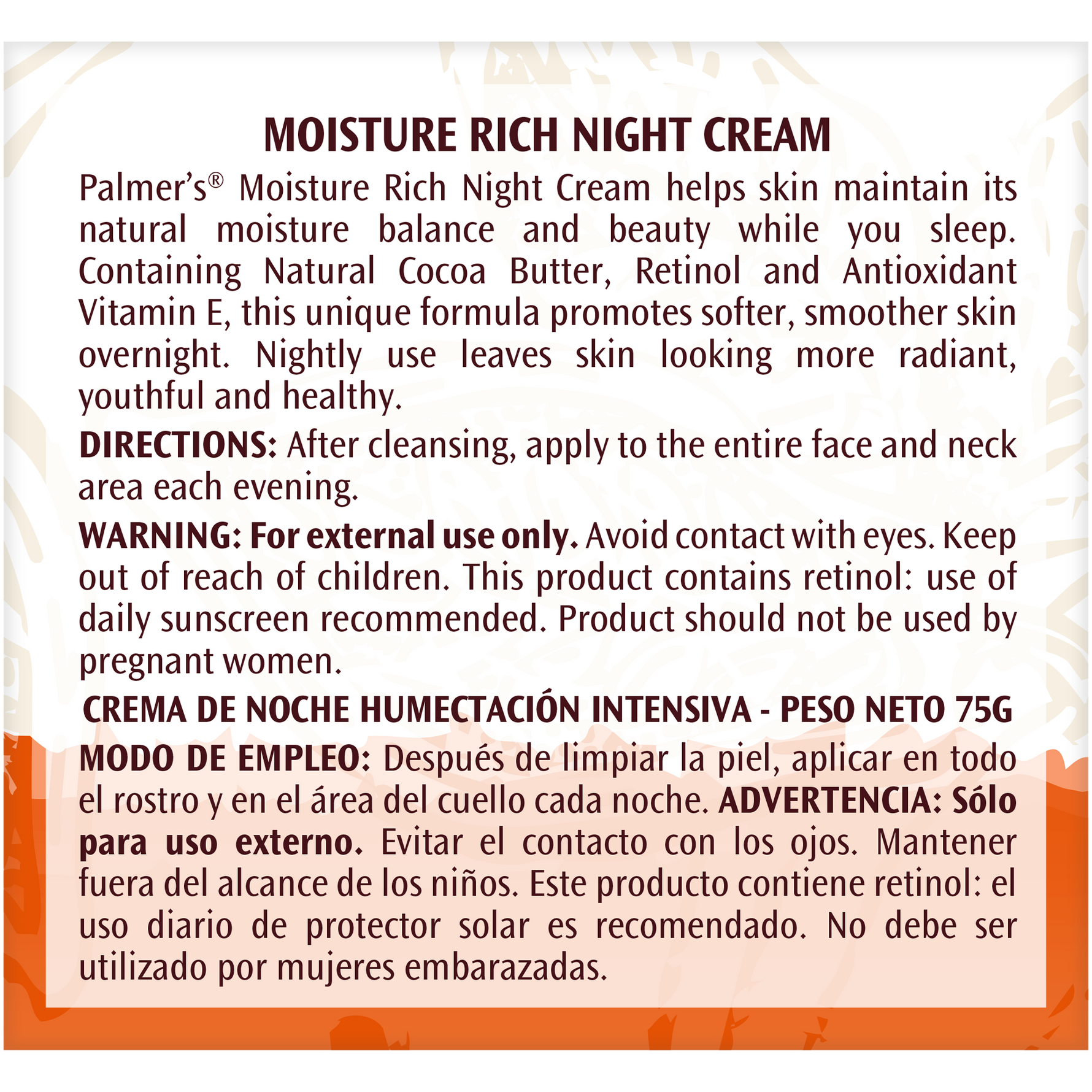 Moisture Rich Night Cream label detailing ingredients and usage instructions.